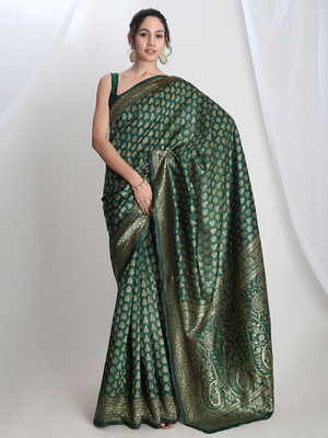 Janasya Woven Banarasi Silk Blend Saree(Dark Green)