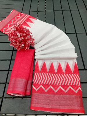 AARAANA Woven, Self Design, Geometric Print Kanjivaram Linen Saree(White)