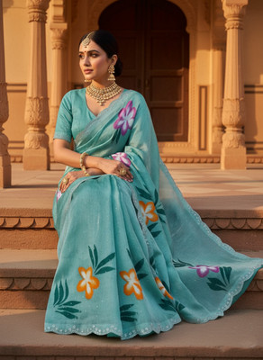 Sareez House Blocked Printed Bollywood Jimmy choo Saree(Light Blue)