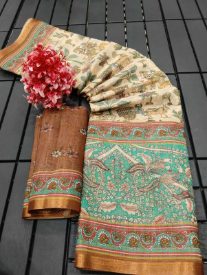 Saaransh Floral Print Kanjivaram Linen, Cotton Silk Saree(Multicolor)