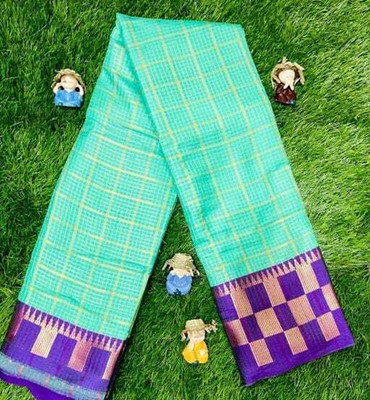 FashionPallavi Checkered Chettinadu Cotton Silk, Jacquard Saree(Light Green, Purple)