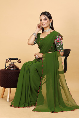 SAADHYA CREATION Embroidered, Solid/Plain Bollywood Georgette Saree(Light Green)