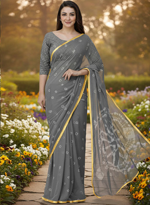 VIOUR Tie-Dye Bandhani Chiffon Saree(Grey)