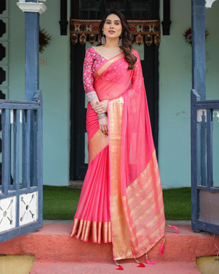 DHAYNAAND REEWA FASHION Solid/Plain, Embellished Bollywood Chiffon Saree(Pink)