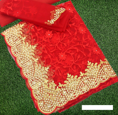 MIYANIFAB Embroidered, Floral Print Bollywood Net Saree(Red)