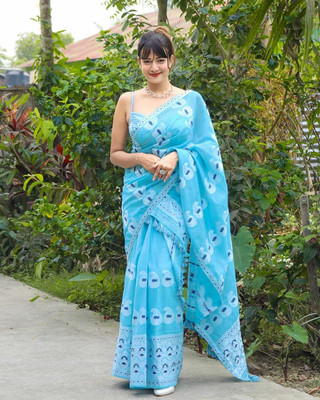 Divine Fabrics Woven Mekhela Chador Pure Cotton Saree(Light Blue)