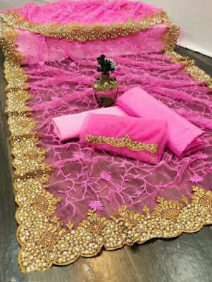 Suali Embroidered Bollywood Net Saree(Pink)