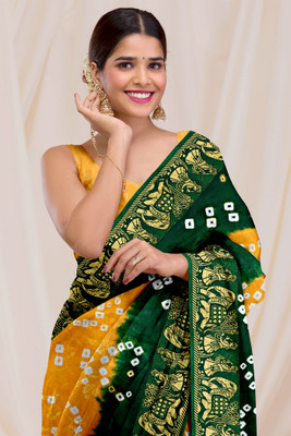 Dharmata Enterprise Woven Bandhani Art Silk Saree(Yellow)