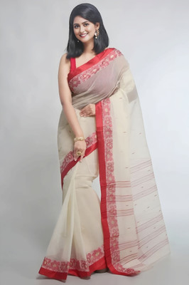 Sutayan Woven, Printed Tant Pure Cotton Saree(White)