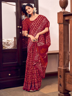all about you Printed Bollywood Cotton Blend Saree(Red)