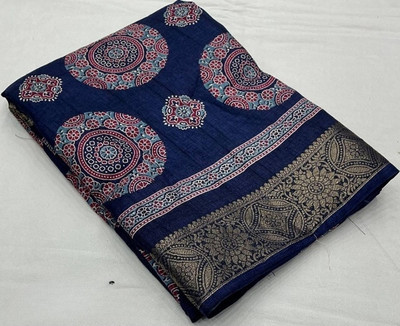 SVPrints Printed Handloom Handloom Cotton Blend Saree(Dark Blue)