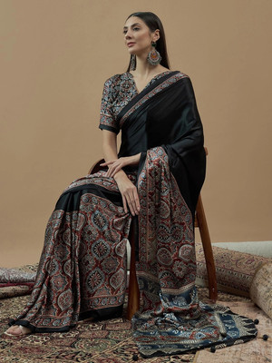 ANOUK Printed Hand Batik Crepe Saree(Black)