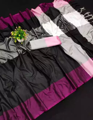 VJ FASHION Color Block Daily Wear Cotton Silk Saree(Black)