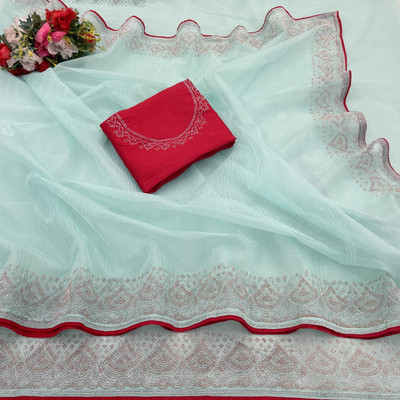 HouseOfCommon Embellished, Solid/Plain Bollywood Supernet Saree(Light Blue)