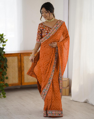 Tasrika Printed, Embroidered, Embellished Bandhani Chiffon, Georgette Saree(Orange)