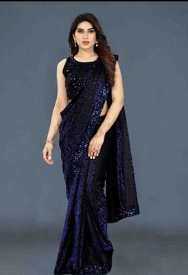 Beleria Embroidered Bollywood Lycra Blend Saree(Dark Blue)