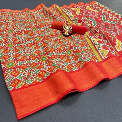 KRIYANSH Printed Daily Wear Cotton Linen, Chanderi Saree(Red)