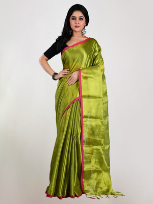 Shaw Creation Solid/Plain Handloom Handloom Tissue Saree(Green)