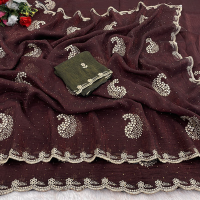 LAJEELEE Embroidered Bollywood Crepe Saree(Brown)