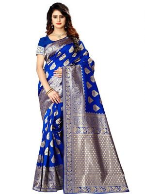 Shoppershopee Woven Kanjivaram Silk Blend Saree(Blue)