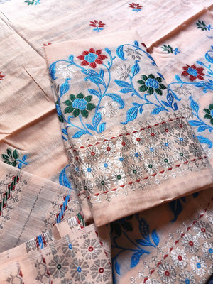 PNB Embroidered, Floral Print, Woven, Embellished Mekhela Chador Pure Cotton Saree(Pink)