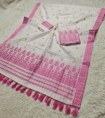 Skiran's Checkered Mekhela Chador Cotton Blend Saree(Pink)