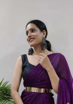 Online Bazaaar Solid/Plain Bollywood Lycra Blend Saree(Purple)