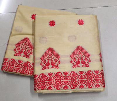 vrajnetic Woven Mekhela Chador Pure Silk Saree(Cream)