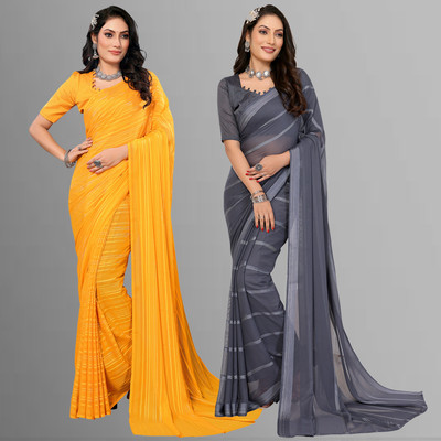 Anand Sarees Striped Bollywood Satin Saree(Pack of 2, Yellow, Grey)