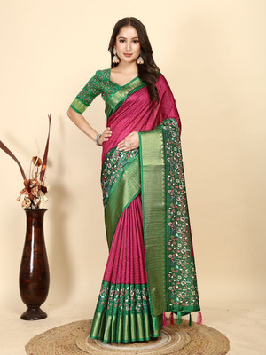 J6 Designers Checkered Assam Silk Art Silk Saree(Pink)