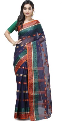 PuJoy Self Design, Woven Tant Pure Cotton Saree(Dark Blue)