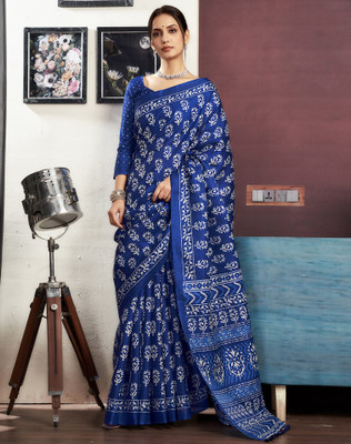 SIRIL Printed Daily Wear Cotton Blend Saree(Dark Blue, White)