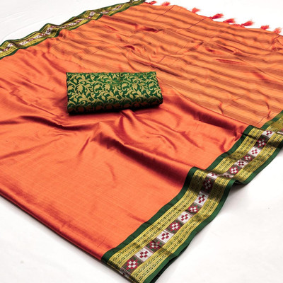 KHODALSAREEFEB Solid/Plain, Woven Sambalpuri Cotton Blend Saree(Yellow)