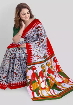 RAMNATHS Printed, Blocked Printed, Hand Painted Ikkat Pure Cotton Saree(Red, White)