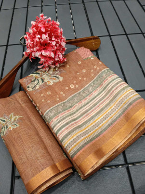 Saaransh Floral Print Kanjivaram Linen, Cotton Silk Saree(Brown)