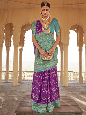 Tasrika Woven Patola Silk Blend Saree(Purple)