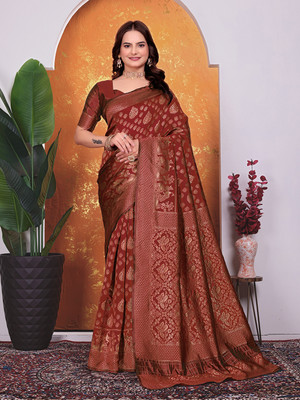 maayro Embellished Banarasi Silk Blend Saree(Maroon)