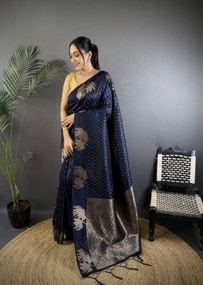 Tasrika Solid/Plain Banarasi Cotton Silk Saree(Dark Blue)