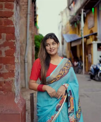 Marabout Digital Print Bollywood Cotton Linen Saree(Light Blue)