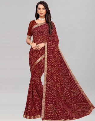 Satrani Printed Bandhani Chiffon, Lace Saree(Maroon)