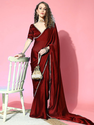 Femane Solid/Plain Bollywood Silk Blend Saree(Maroon)