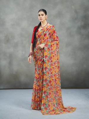 GARDEN VARELI Printed Bollywood Chiffon Saree(Orange)