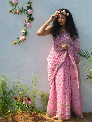 Moda Rapido Digital Print Bollywood Cotton Linen Saree(Pink)