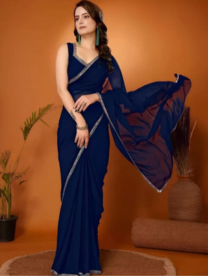 BK COLLECTION Solid/Plain Bollywood Georgette Saree(Blue)