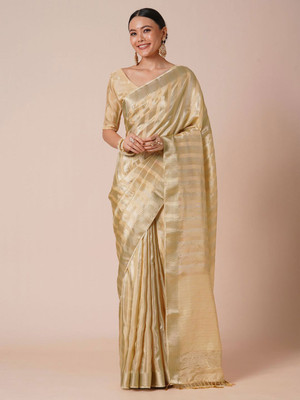 House of Pataudi Woven Banarasi Silk Blend Saree(Cream)