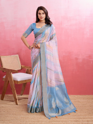 Divastri Digital Print, Printed, Woven Bollywood Pure Cotton Saree(Blue, Pink)