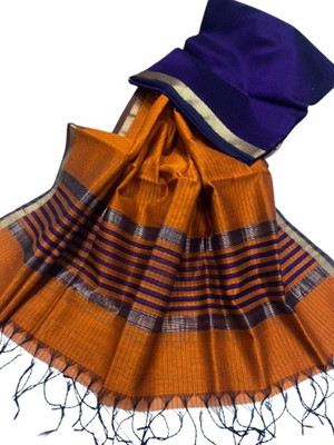 kalpana handloom Solid/Plain, Woven Maheshwari Cotton Silk Saree(Dark Blue)