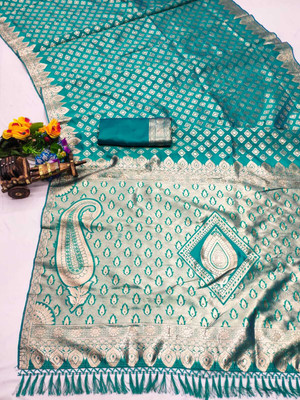 Bansari Textiles Woven, Self Design Banarasi Silk Blend Saree(Light Blue)