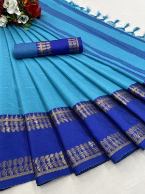 KanjiQueen Woven Banarasi Cotton Blend Saree(Light Blue, Blue)