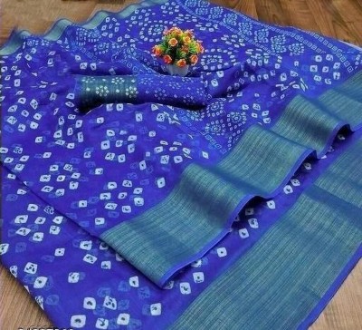 Suntex Polka Print Bandhani Cotton Blend Saree(Blue)